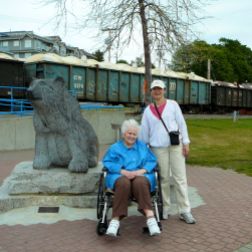 Mom and Violet beside the bear statue - White Rock B.C.